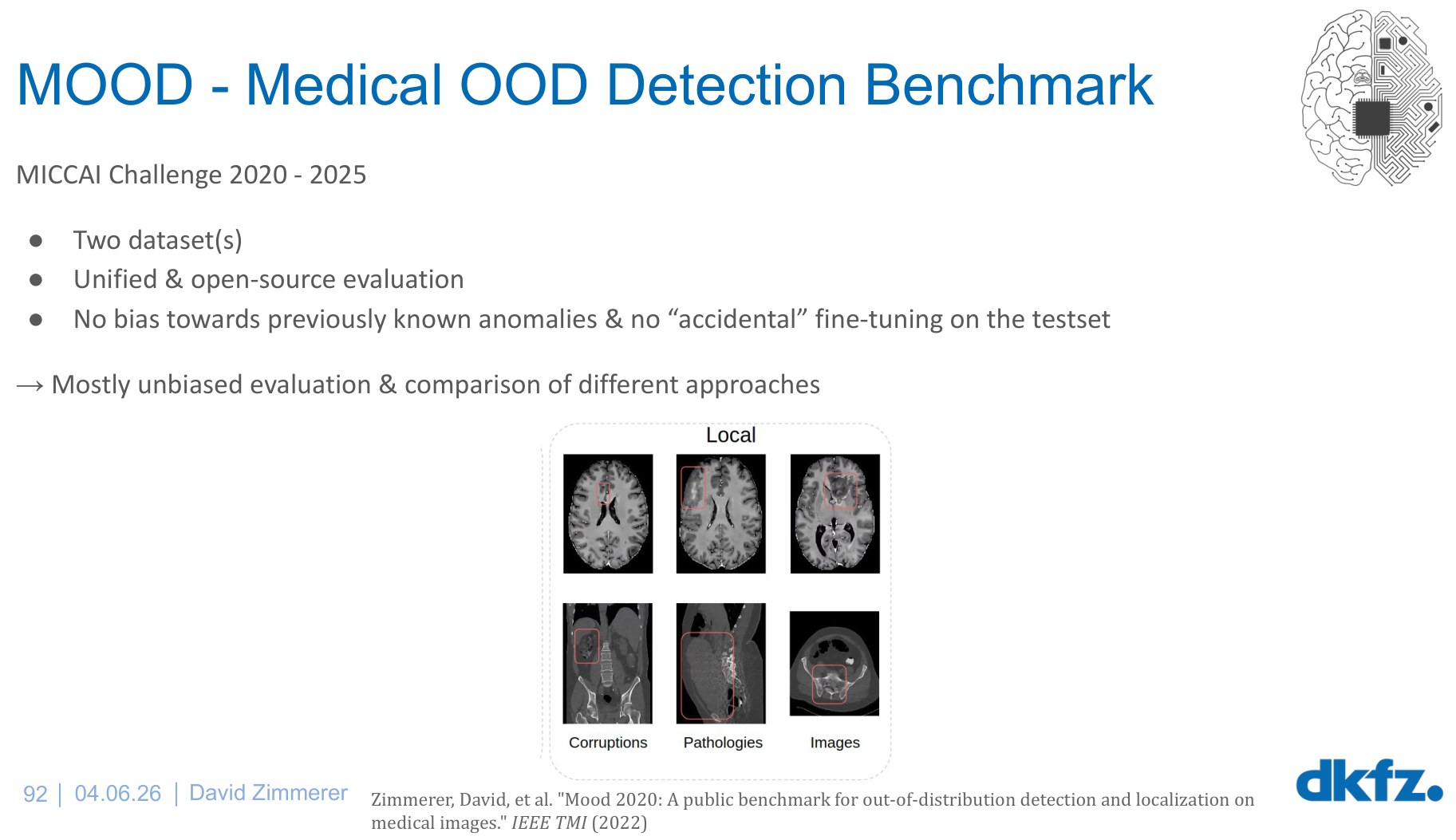 MOOD benchmark overview: two datasets, unified open-source evaluation, hidden test set, and example brain and abdominal scans with corruptions and pathologies